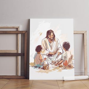 Póster de Jesús enseñando a los niños, arte mural espiritual, decoración cristiana para la escuela dominical y las aulas, obra educativa basada en la fe.