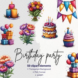 50PNG Birthday Party Clipart Bundle, Watercolor Clipart Balloons, Gifts, Cakes & Flowers, Celebration Illustrations, Printable Card Designs