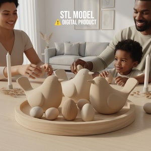 May include: A wooden tray holds three bird sculptures and several eggs. The birds are light beige with simple, rounded forms. Some eggs are smooth, others have textured designs. The text "STL MODEL DIGITAL PRODUCT" is visible.