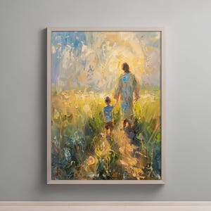 Walking with Jesus Printable, Christian Boy Wall Art, Faith-Based Digital Poster for Kids Room, Jesus and Child Religious Nursery Decor