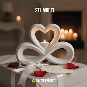 May include: A white candle holder shaped as a heart and infinity symbol, with a lit candle. The text "STL MODEL" and "DIGITAL PRODUCT" are visible. Red rose petals and a gift box with a ribbon are in the foreground.