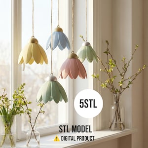 Puede incluir: Cinco lámparas colgantes con forma de flor y colores pastel. Cada lámpara es de un color diferente: amarillo, azul, rosa y verde. Las lámparas están suspendidas por finos cordones. El texto "5STL" y "STL MODEL DIGITAL PRODUCT" es visible.