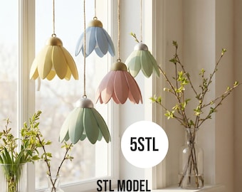 イースターフローラルガーランドSTL、春の吊り下げフラワーオーナメント5個パック、3Dプリント可能なチューリップベルセット、お祝いのホリデーウィンドウデコレーションモデルファイル