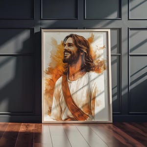 Retrato de Jesús sonriente, impresión artística cristiana, pintura de Cristo alegre, decoración de pared inspirada en la fe, regalo religioso para el hogar y la sala de oración.