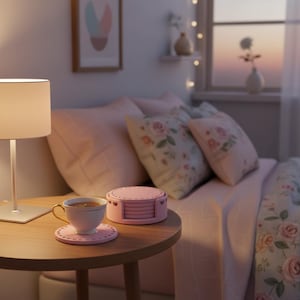 May include: A cozy bedroom scene with a round wooden side table holding a teacup and saucer, and a set of pink coasters. The bed has pink pillows and a floral patterned duvet. A lamp and a window are also visible.