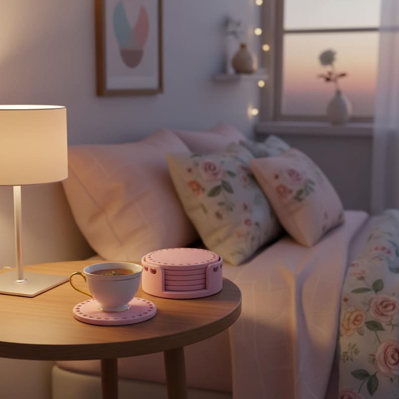 May include: A cozy bedroom scene with a round wooden side table holding a teacup and saucer, and a set of pink coasters. The bed has pink pillows and a floral patterned duvet. A lamp and a window are also visible.