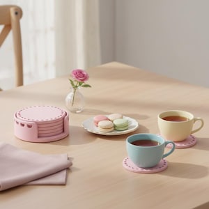 May include: A set of pink coasters with heart-shaped cutouts, stacked next to a matching holder. Two pastel-colored teacups sit on pink coasters. A small vase holds a pink rose, and a plate of macarons is also on the table.