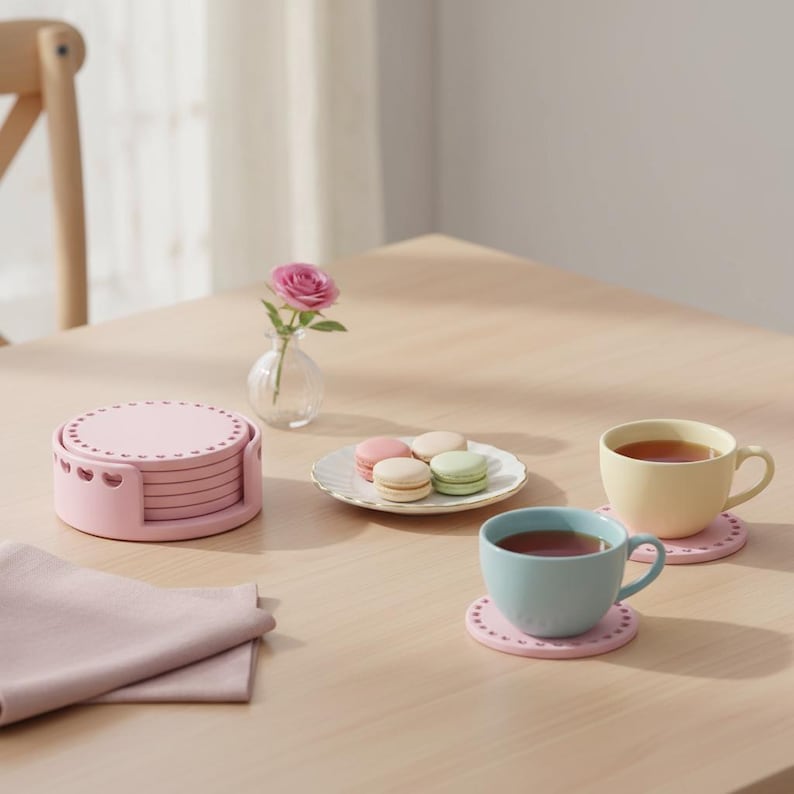 May include: A set of pink coasters with heart-shaped cutouts, stacked next to a matching holder. Two pastel-colored teacups sit on pink coasters. A small vase holds a pink rose, and a plate of macarons is also on the table.
