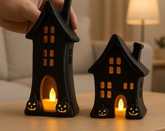 Spooky House with Pumpkins STL, LED Tea Light Holder, Halloween 3D Print Lantern File for Indoor & Tabletop Decoration