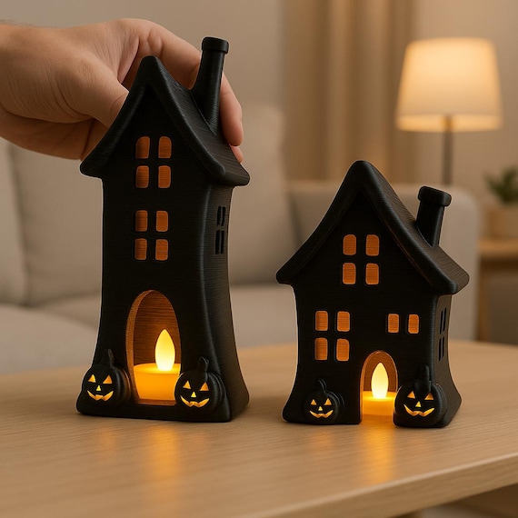 Spooky House with Pumpkins STL, LED Tea Light Holder, Halloween 3D Print Lantern File for Indoor & Tabletop Decoration