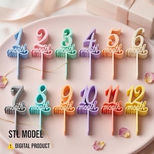 May include: A collection of pastel-colored cake toppers, numbered 1 through 12, each with the word "month" below. The toppers are arranged on a pink surface. The text "STL MODEL" and "DIGITAL PRODUCT" are visible.