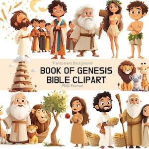 Puede incluir: Una colección de ilustraciones de dibujos animados que presentan personajes y escenas del Libro del Génesis. Las imágenes incluyen figuras como Adán, Eva, Noé y otros personajes bíblicos, junto con animales y estructuras. También está presente el texto "BOOK OF GENESIS BIBLE CLIPART".