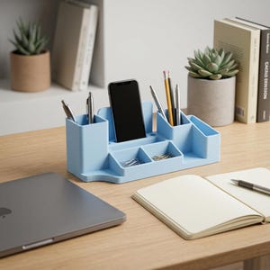 May include: A light blue desk organizer with compartments for pens, pencils, a smartphone, and small office supplies. The organizer sits on a wooden desk next to a laptop and a notebook. Succulents and books are in the background.
