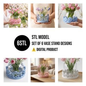 Flower Vase Stand STL Set, 6 Decorative Base Designs, 3D Printable Floral Planter Holder, Spring Table Decor Bundle, Gift for Her, Digital