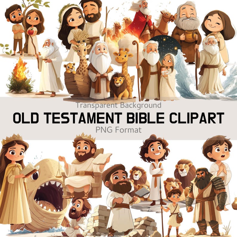 Immagini clipart dell'Antico Testamento, set di 100 storie bibliche per bambini in stile cartone animato in formato PNG, clipart cristiane digitali per la scuola domenicale e i lavoretti religiosi. immagine 9