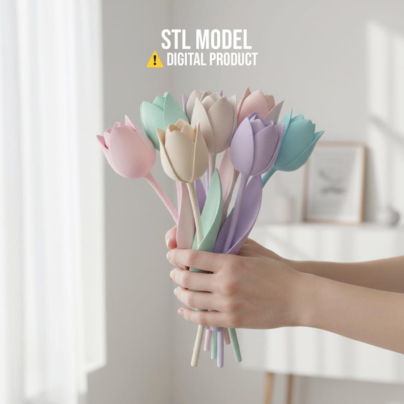 May include: A bouquet of pastel-colored tulip flowers in shades of pink, cream, lavender, and mint green. The text "STL MODEL DIGITAL PRODUCT" is at the top. The flowers are held in a person's hands.