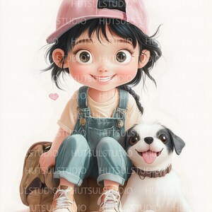 10 PNG Quirky Baby Girl com Cachorro Clipart, Arte em Aquarela Fofa, Download Digital para Impressão para Scrapbooking, Criação de Cartões e Registro no Diário
