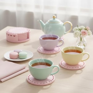 May include: A pastel-colored tea set with a teapot, teacups, and saucers. The teacups are filled with tea and sit on pink coasters. Macarons and a stack of coasters are also on the table. A small vase of flowers completes the scene.