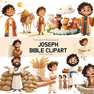 Peut inclure: Ensemble d'images clipart de la Bible de Joseph au format PNG. Les illustrations présentent des personnages de dessins animés, des animaux et du blé, avec le texte "JOSEPH BIBLE CLIPART".