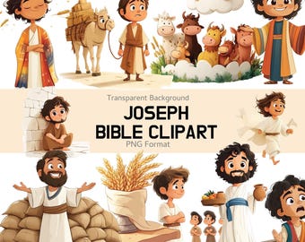 Joseph Bible Story Clipart, Christian PNG Set with Joseph in Cartoon Style, Bible Story Art, Kids Christian Art for Sunday School & Crafts