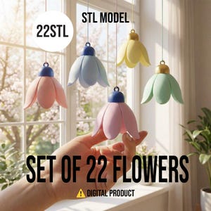 May include: A collection of 22 hanging flower decorations in pastel shades of pink, blue, yellow, and green. Each flower features a blue or gold top and is suspended by a thin string. The image also displays the text "22STL", "STL MODEL", "SET OF 22 FLOWERS", and "DIGITAL PRODUCT".
