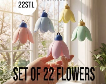 22種類の花のSTLメガバンドル、3Dプリント可能なチューリップベルコレクション、春の花の吊り下げガーランド、イースターの窓飾り、デジタルSTLパック