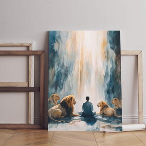 Daniel's Faith in Lion's Den, Bible Story Illustration, Christian Wall Art, Inspirational Faith Print, Religious Home Decor, Above Bed Art