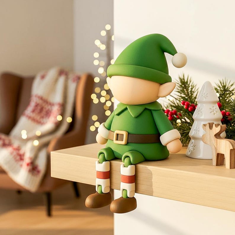 May include: A green elf figurine with a pointed hat and a white pom-pom sits on a wooden surface. The elf wears a green tunic, brown belt, and brown shoes with red and white striped socks. A white ceramic Christmas tree and a wooden reindeer are nearby.
