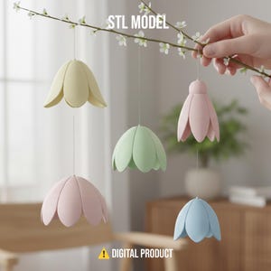 Könnte beinhalten: Fünf blütenförmige Ornamente in Pastellfarben, die an dünnen Schnüren hängen. Die Ornamente sind in Gelb, Grün, Rosa und Blau gehalten. Der Text "STL MODEL" steht oben und "DIGITAL PRODUCT" unten.