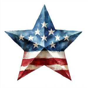 May include: Watercolor painting of a large star in the colors of the American flag. The top portion is blue with white stars, and the bottom has red and white stripes. The star is set against a white background.