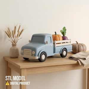 STL-bestand van een pick-up truck voor oogsttijd, geschikt voor 3D-printen, pompoenvoertuig als tafeldecoratie voor Thanksgiving, herfstfiguur op een etagère. Downloaden