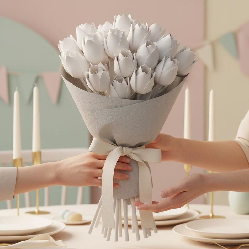 May include: A bouquet of white tulips wrapped in gray paper and tied with a white ribbon. The bouquet is being held by two people, with candles and plates on a table in the background.