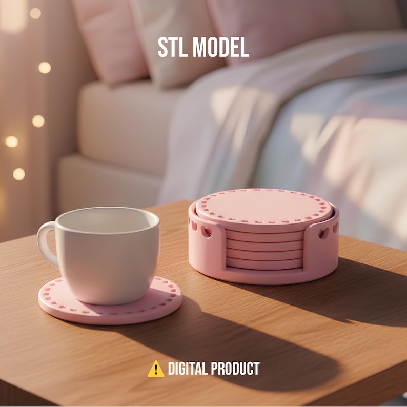 May include: A white ceramic mug and a set of pink coasters with heart-shaped cutouts. The coasters are stacked in a matching holder. The words "STL MODEL" and "DIGITAL PRODUCT" are visible.