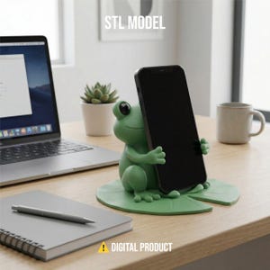 Kikker telefoonstandaard STL, 3D-afdrukbare pad smartphonehouder, bureauorganisator voor gamers, esthetische kamerinrichting, kawaii dierencadeau, digitale STL