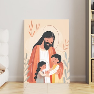 Póster de Jesús enseñando a los niños, arte cristiano de pared para habitación infantil, regalo basado en la fe, decoración de guardería con versículos bíblicos, impresión religiosa para el hogar