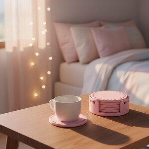 May include: A white ceramic mug sits on a pink coaster with heart-shaped cutouts. A stack of pink coasters in a holder is next to the mug. The items are on a wooden table, with a bed and window in the background.