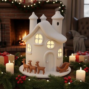 May include: A white ceramic Christmas village house with lit windows, chimneys, and a snow-covered roof. The scene includes brown reindeer figurines, a sleigh, candles, and wrapped gifts, set against a fireplace backdrop.