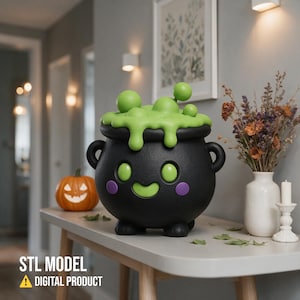 May include: A black cauldron figurine with a smiling face, green circular eyes, and purple cheeks. The top features a bright green bubbling liquid effect. The text STL MODEL DIGITAL PRODUCT is visible in the bottom left corner of the image.