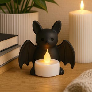 Puede incluir: Un portavelas negro con forma de murciélago con una vela LED blanca. El murciélago tiene las alas extendidas y una cara linda. El portavelas está sobre una superficie de madera, con una vela encendida y libros en el fondo. Una decoración de Halloween.