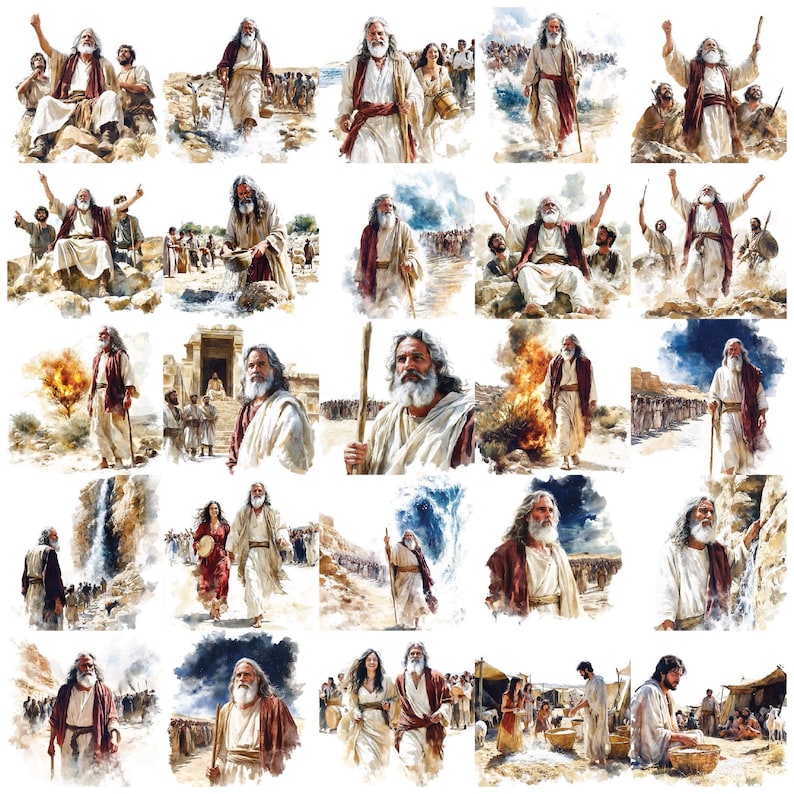 Paquete de imágenes prediseñadas bíblicas de Moisés, más de 130 imágenes PNG de arte digital cristiano para la escuela dominical, el estudio bíblico, imprimibles para la iglesia y manualidades religiosas. imagen 9