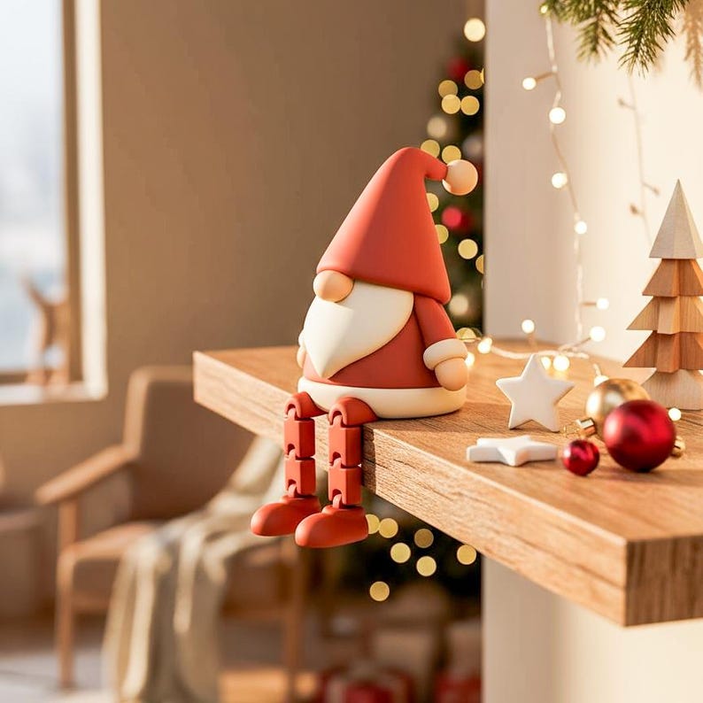 May include: A red and white gnome figurine with articulated legs sits on a wooden shelf. The gnome wears a red hat and coat with a white beard. Christmas ornaments and a wooden tree are nearby, suggesting a holiday theme.