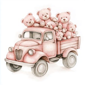 Pink Truck with Teddy Bear with Balloons Clipart, Cute Valentine’s Day or Birthday Watercolor Illustration, Love Truck PNG for Cards & Decor