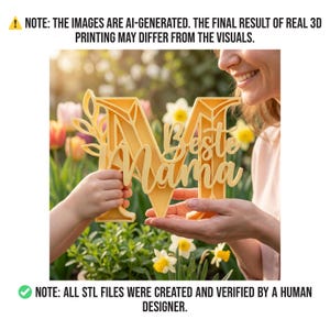 Op de afbeelding: Een gele 3D-geprinte letter "M" met de woorden "Beste Mama" in sierlijke letters. Het bord wordt door twee personen vastgehouden in een tuin met bloemen. De afbeelding bevat de tekst "OPMERKING: DE AFBEELDINGEN ZIJN DOOR AI GEGENEREERD. HET EINDRESULTAAT VAN ECHTE 3D-PRINT KAN AFWIJKEN VAN DE VISUALS."