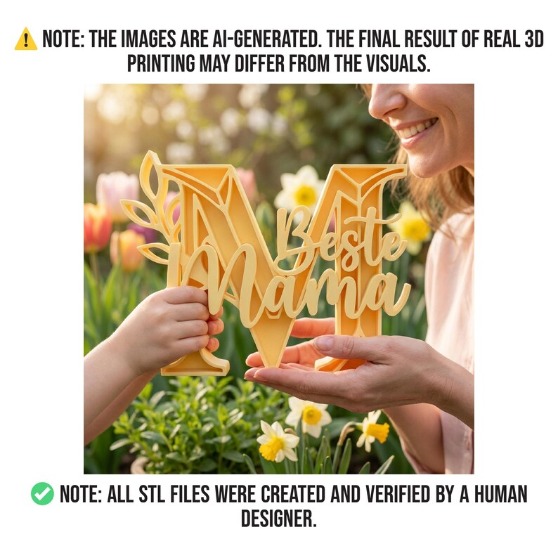 Op de afbeelding: Een gele 3D-geprinte letter "M" met de woorden "Beste Mama" in sierlijke letters. Het bord wordt door twee personen vastgehouden in een tuin met bloemen. De afbeelding bevat de tekst "OPMERKING: DE AFBEELDINGEN ZIJN DOOR AI GEGENEREERD. HET EINDRESULTAAT VAN ECHTE 3D-PRINT KAN AFWIJKEN VAN DE VISUALS."