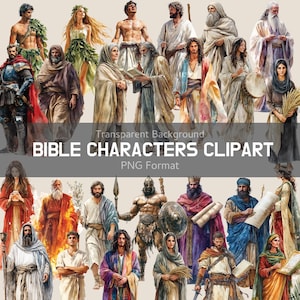 Puede incluir: Un collage digital con varios personajes bíblicos en formato PNG. Los personajes están representados en un estilo de acuarela, con un fondo transparente. El texto "BIBLE CHARACTERS CLIPART" se muestra de forma destacada.