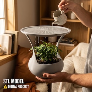 May include: A grey self-watering planter with a plant inside. Water is being poured from a small pitcher onto the top of the planter. The planter has a unique design with a wide top and a bulbous base. Text on the bottom left says "STL MODEL" and "A DIGITAL PRODUCT".