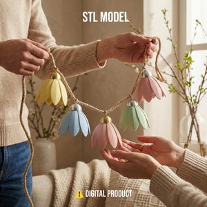 STL de guirlandes de fleurs suspendues, lot de 5 cloches florales imprimables en 3D, modèle 3D de décoration printanière pour chambre d'enfant, tulipes à suspendre pour guirlandes lumineuses