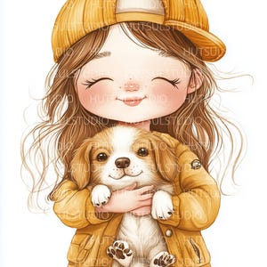 10PNG Süßes Mädchen mit Hund Clipart, entzückende Aquarell Kunst, Freundschaft Illustration, Kinderzimmer Dekor, Scrapbooking & DIY Handwerk digitaler Download