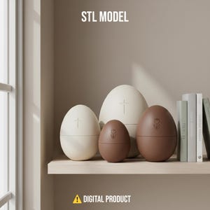 May include: An image of four egg-shaped containers in varying sizes and colors, including off-white and brown. The containers have a cross or tulip design on the front. The text "STL MODEL" and "DIGITAL PRODUCT" are visible.