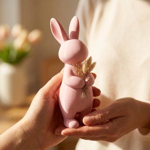 以下が含まれることがあります： 小さなドライフラワーのブーケを持ったピンク色のウサギの置物。ウサギは長い耳を持ち、立っています。置物は滑らかな素材でできており、マットな仕上がりです。ウサギは腕の中でブーケを持っています。
